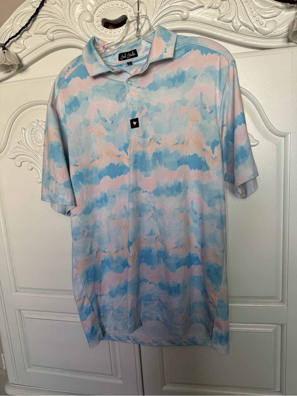 Bad Birdie Pastel Blue & Pink Watercolor Polo